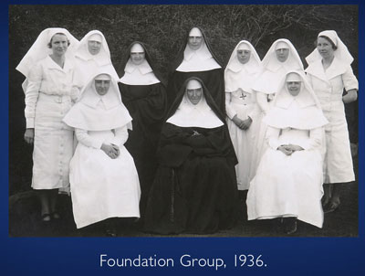 Back: Belle Gleeson, Sisters Damian Wood, Dorothea Leonard, Alexius Kerr, Brendan Robinson, Elizabeth Petre and Mary O’Carroll.   Front: Sisters Bertrand Carroll, Ignatius Bradley (Mother Superior) and Vianney Phelan